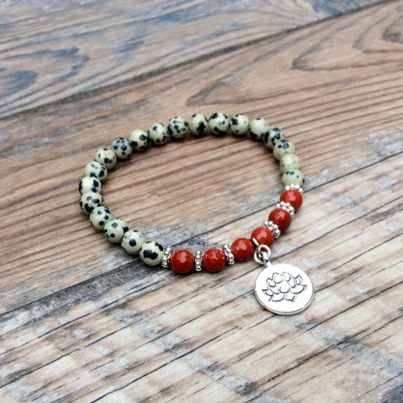 Dalmatian Jasper bracelet with Lotus charm, Red Jasper, healing bracelet - Picture 3 of 9